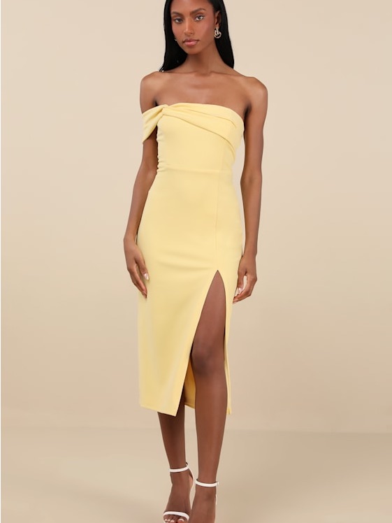 Twist And Make Up Light Yellow One-Shoulder Bodycon Midi Dress Size M